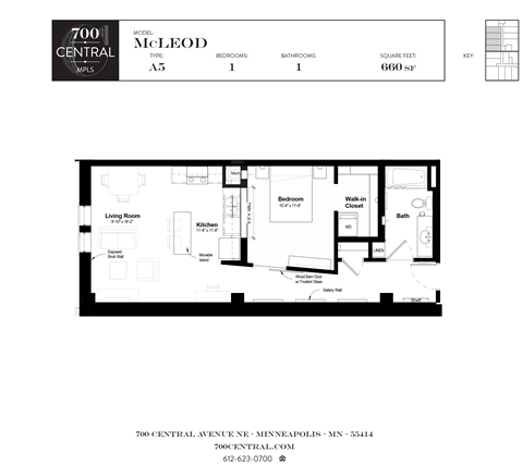 Floor plan for 1 bed, 1 bath, 660 sqft